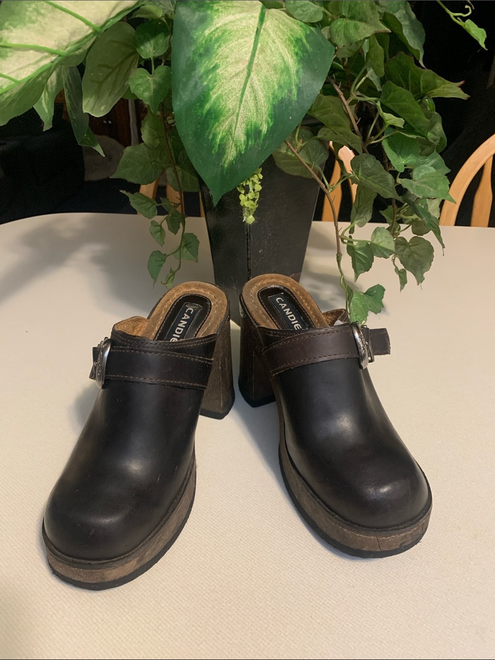 Candie's Black and Brown Vintage Platform Mule Clogs with Buckle.